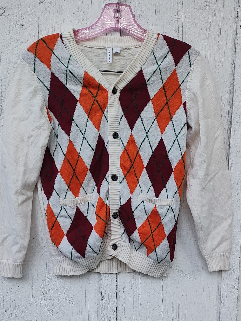 Janie and Jack Ivory Cardigan with Orange and Burgundy Argyle, Size 10